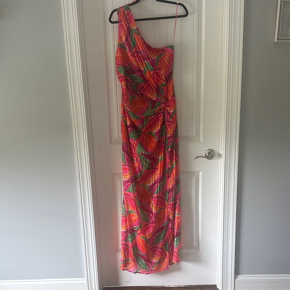 Vibrant Pink and Green One-Shoulder Dress with slit- NWT